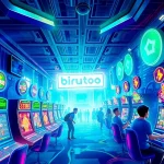 Jelajahi lanskap permainan online Birutoto yang hidup, menampilkan mesin slot berwarna-warni dan interaksi pengguna yang menarik.