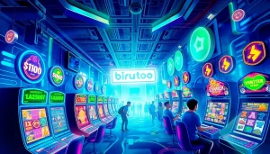 Jelajahi lanskap permainan online Birutoto yang hidup, menampilkan mesin slot berwarna-warni dan interaksi pengguna yang menarik.