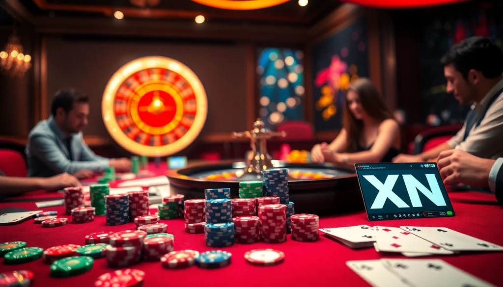 Experience the thrill of XN 88 with dynamic poker gameplay at an elegant casino table.