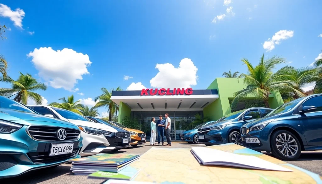 Kuching rent a car service welcoming customers with a variety of rental vehicles outside a modern agency.