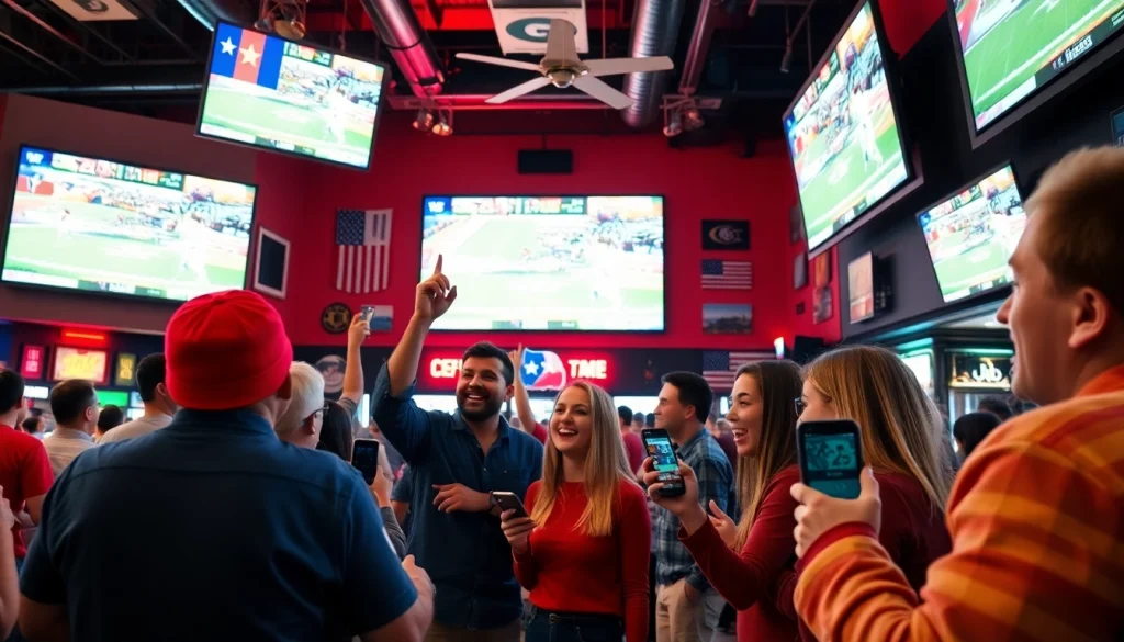 Engaged fans enjoying sports betting in Texas at a vibrant sports bar with mobile devices.