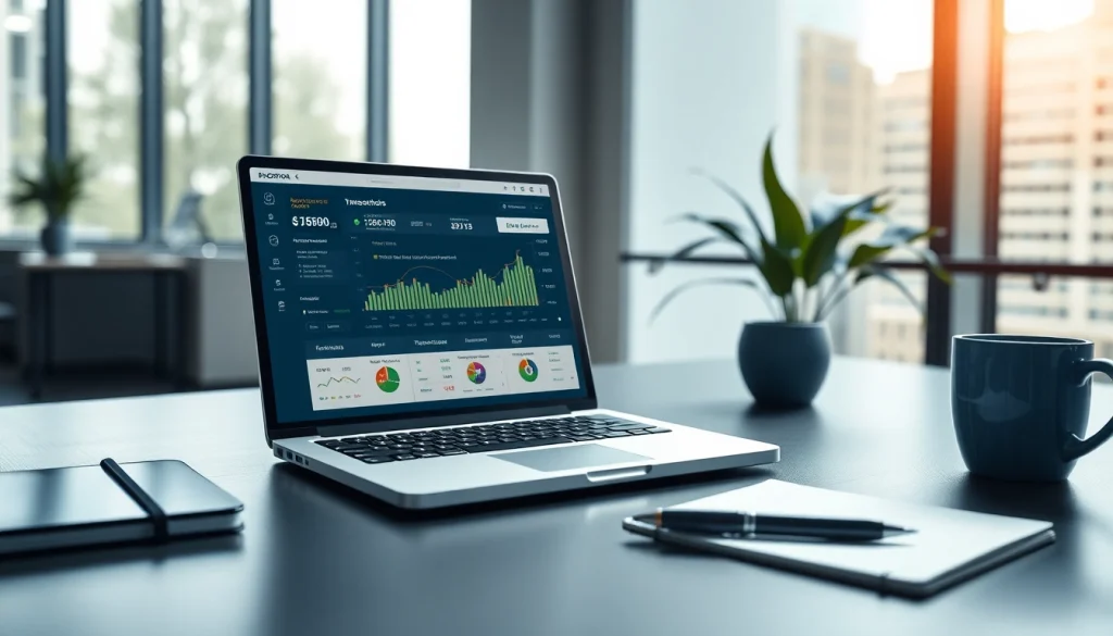 Modern finance workspace illustrating success with BOX138, featuring a laptop, charts, and a professional setting.