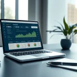 Modern finance workspace illustrating success with BOX138, featuring a laptop, charts, and a professional setting.
