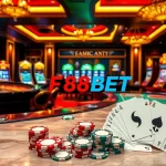 Experience thrilling gaming at F88BET's luxurious online casino with poker tables and roulette.
