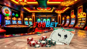Experience thrilling gaming at F88BET's luxurious online casino with poker tables and roulette.