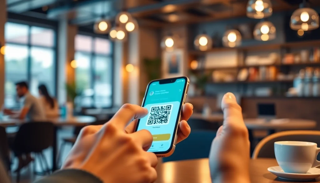 카페 환경에서 현대 결제 기술을 선보이며 소액결제를 하는 스마트폰의 몰입감 있는 모습