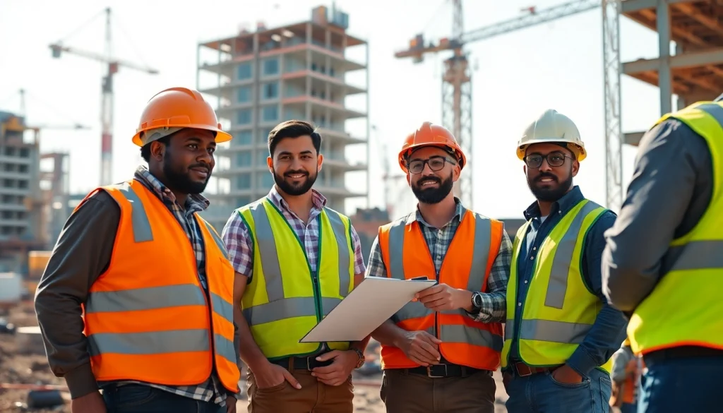 Construction workforce development with diverse professionals collaborating at a busy construction site.