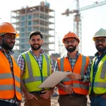 Construction workforce development with diverse professionals collaborating at a busy construction site.