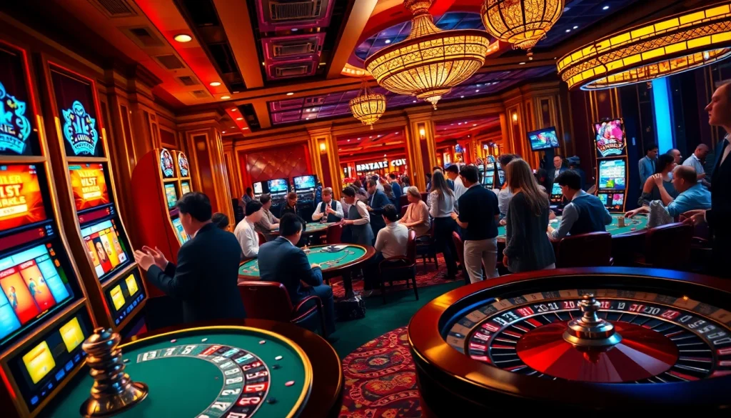 KJC's engaging casino scene with players enjoying poker, slot machines, and a roulette wheel.
