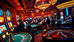 KJC's engaging casino scene with players enjoying poker, slot machines, and a roulette wheel.