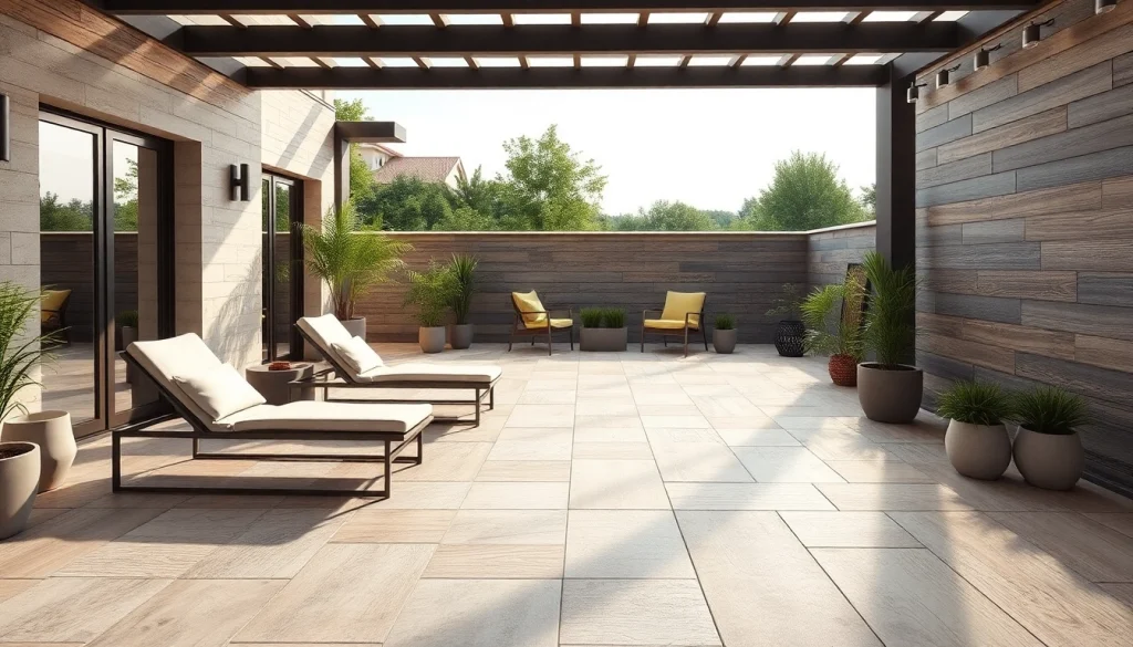 Carrelage extérieur élégant sur une terrasse extérieure chic avec du mobilier moderne et des plantes en pot.