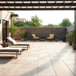 Carrelage extérieur élégant sur une terrasse extérieure chic avec du mobilier moderne et des plantes en pot.