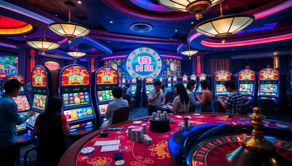Nổ Hũ slot machines in an exciting casino setting, with gamblers enjoying their time and engaging in gameplay.