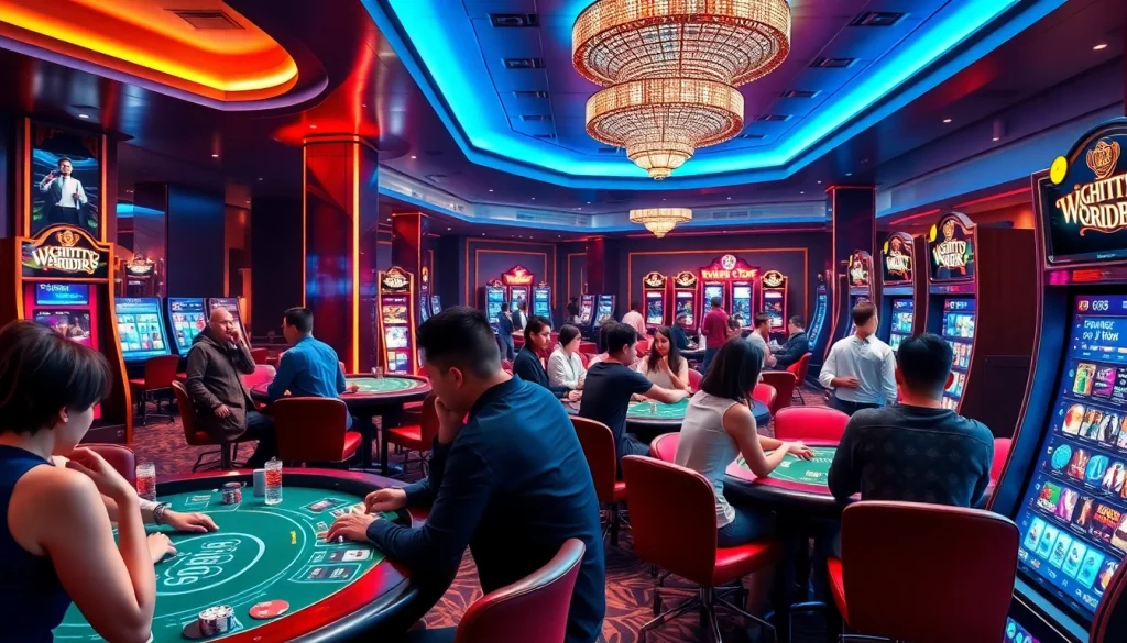 Exciting scene at Nhà cái GG88 showcasing diverse players enjoying various games in a vibrant casino atmosphere.