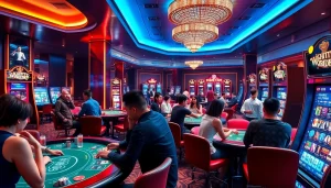 Exciting scene at Nhà cái GG88 showcasing diverse players enjoying various games in a vibrant casino atmosphere.