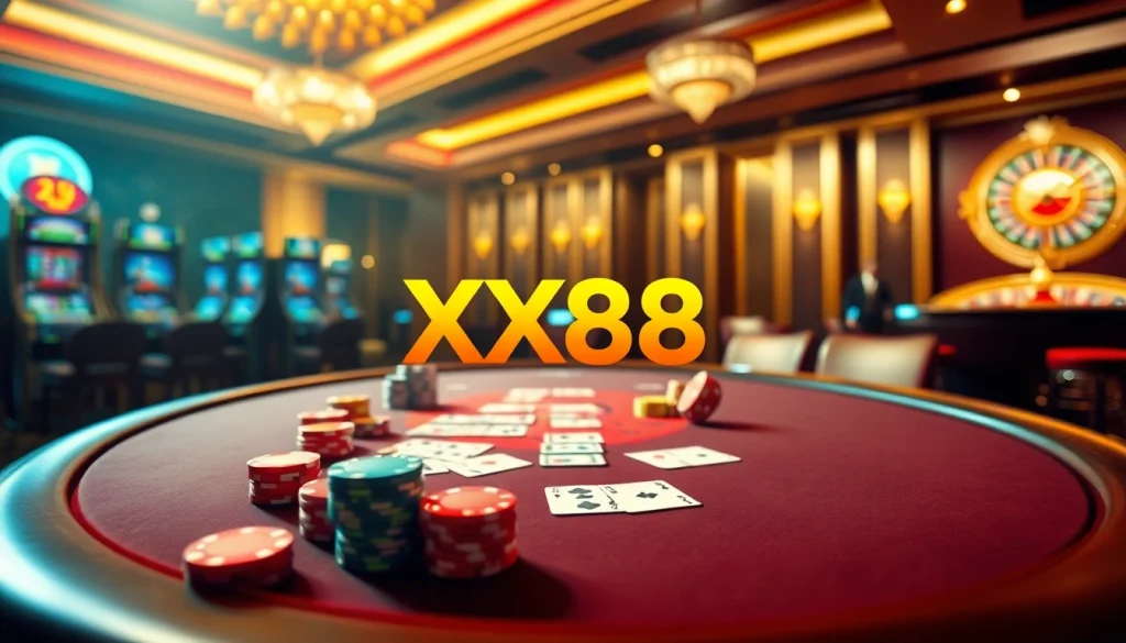 Experience the thrill of Nhà cái XX88 with vibrant casino gaming scenes and luxurious elements.