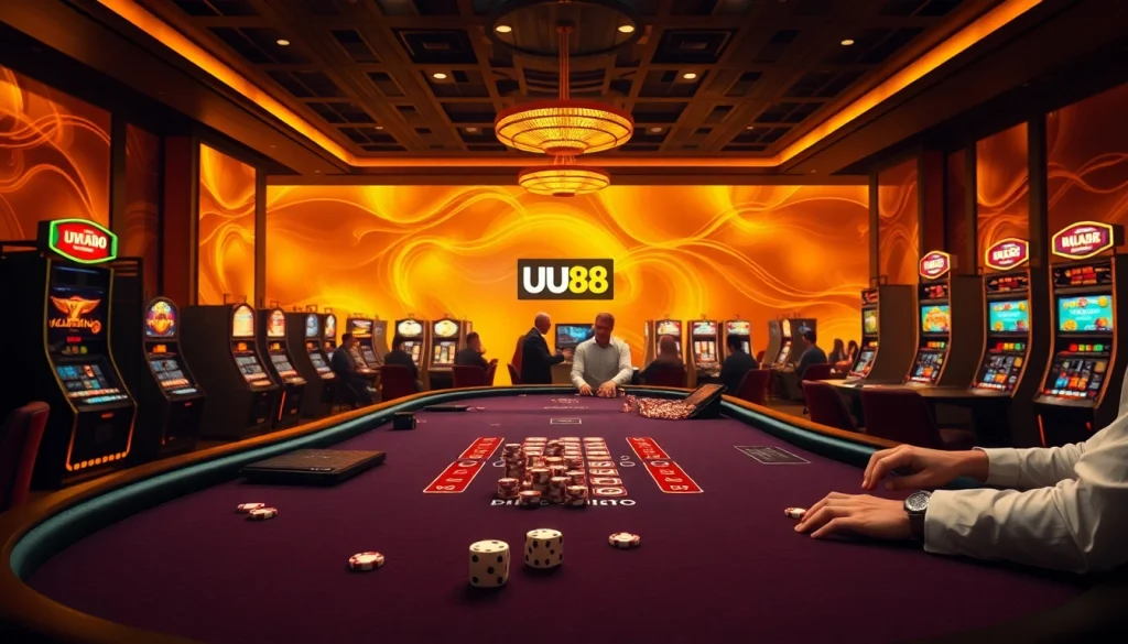Players enjoying a thrilling game at a stylish UFC casino, featuring UU88 branding and vibrant action.