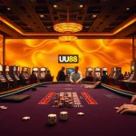 Players enjoying a thrilling game at a stylish UFC casino, featuring UU88 branding and vibrant action.