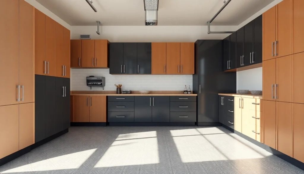 Stylish garage cabinets enhancing a clutter-free workspace with vibrant colors and efficient storage solutions.