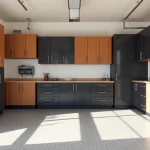 Stylish garage cabinets enhancing a clutter-free workspace with vibrant colors and efficient storage solutions.