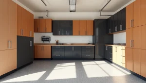 Stylish garage cabinets enhancing a clutter-free workspace with vibrant colors and efficient storage solutions.