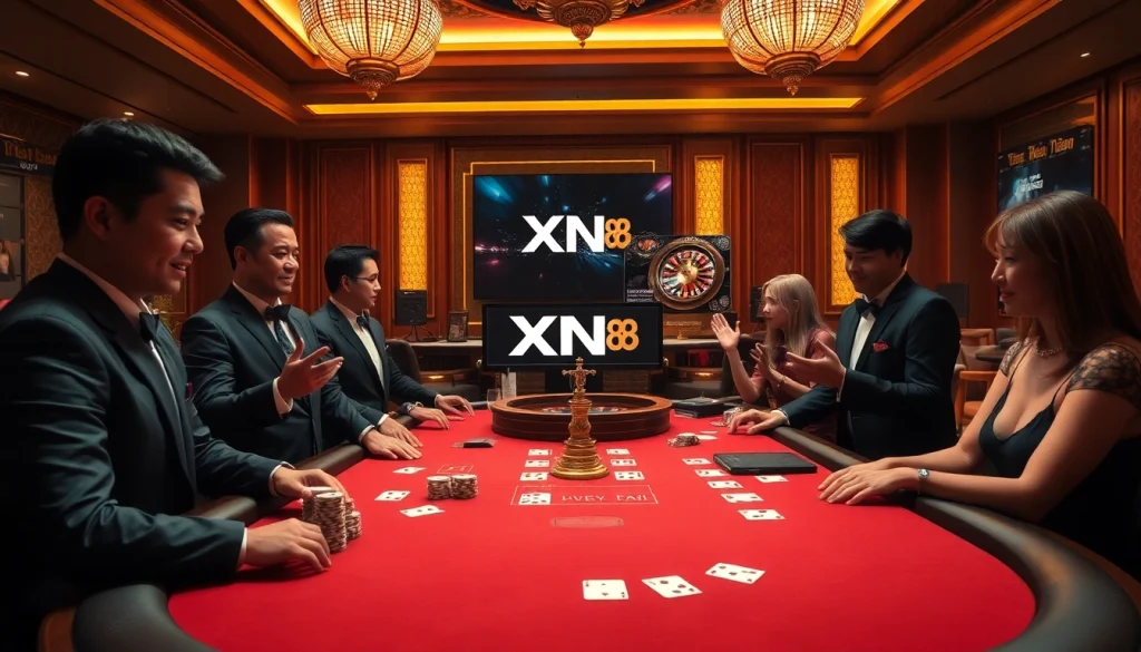 Players engaging with XN 88 at an upscale casino table, experiencing the thrill of gaming.