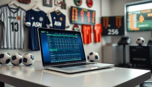 Menampilkan perjudian judi bola di laptop dengan suasana yang dinamis.