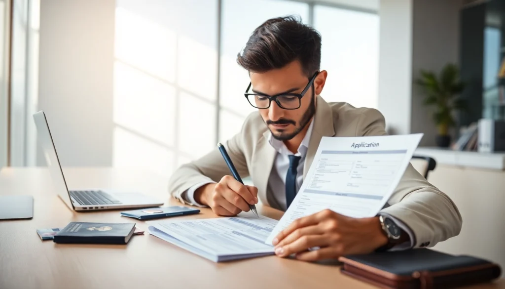 Individual completing the esta application form at a stylish desk with travel essentials.