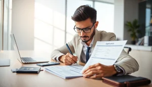 Individual completing the esta application form at a stylish desk with travel essentials.
