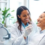 Orthodontics consultation where an orthodontist assesses a patient's clear aligners.