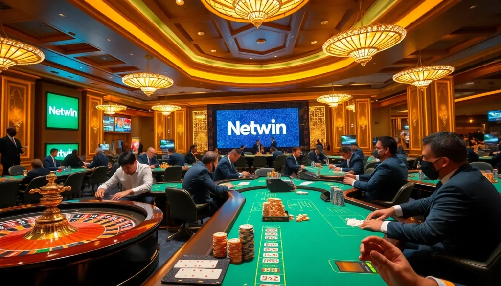 Experience the thrill of Netwin gaming with intense poker play and roulette tables in a luxurious casino.