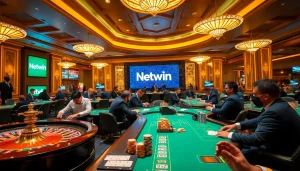 Experience the thrill of Netwin gaming with intense poker play and roulette tables in a luxurious casino.