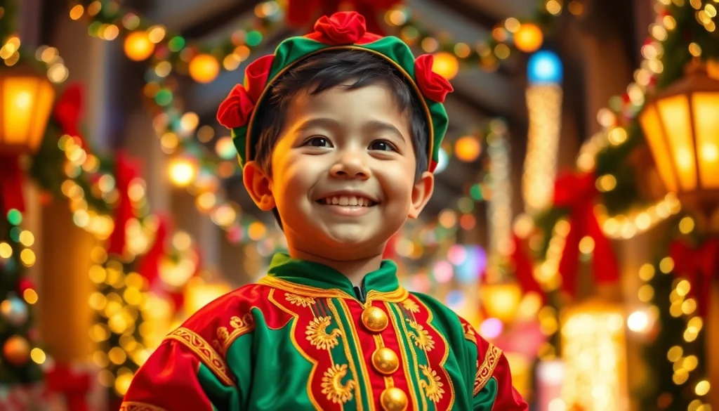 Kinderdansend in een kleurrijk pietenpak met feestelijke decoraties op de achtergrond.