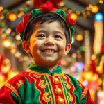 Kinderdansend in een kleurrijk pietenpak met feestelijke decoraties op de achtergrond.