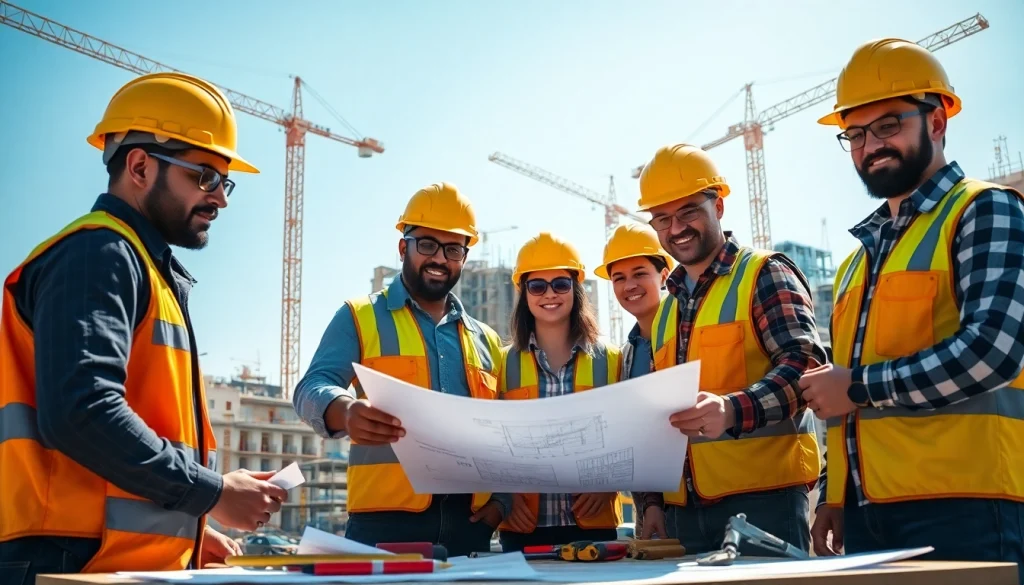 Illustration of careers in construction showcasing workers collaborating on a job site.
