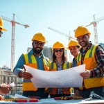 Illustration of careers in construction showcasing workers collaborating on a job site.
