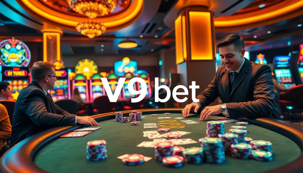 Players enjoying a thrilling poker game at a V9 bet casino table with colorful chips and cards.