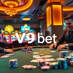 Players enjoying a thrilling poker game at a V9 bet casino table with colorful chips and cards.