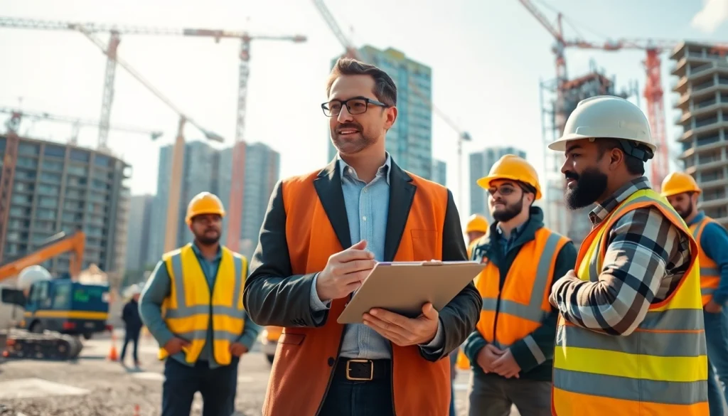 New York Construction Manager effectively leading a dynamic team at a busy construction site.