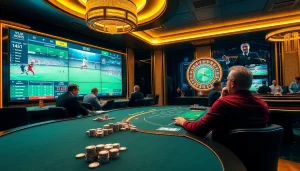 Experience trực tiếp bóng đá betting excitement in a luxurious casino setting with engaged players and vibrant screens.