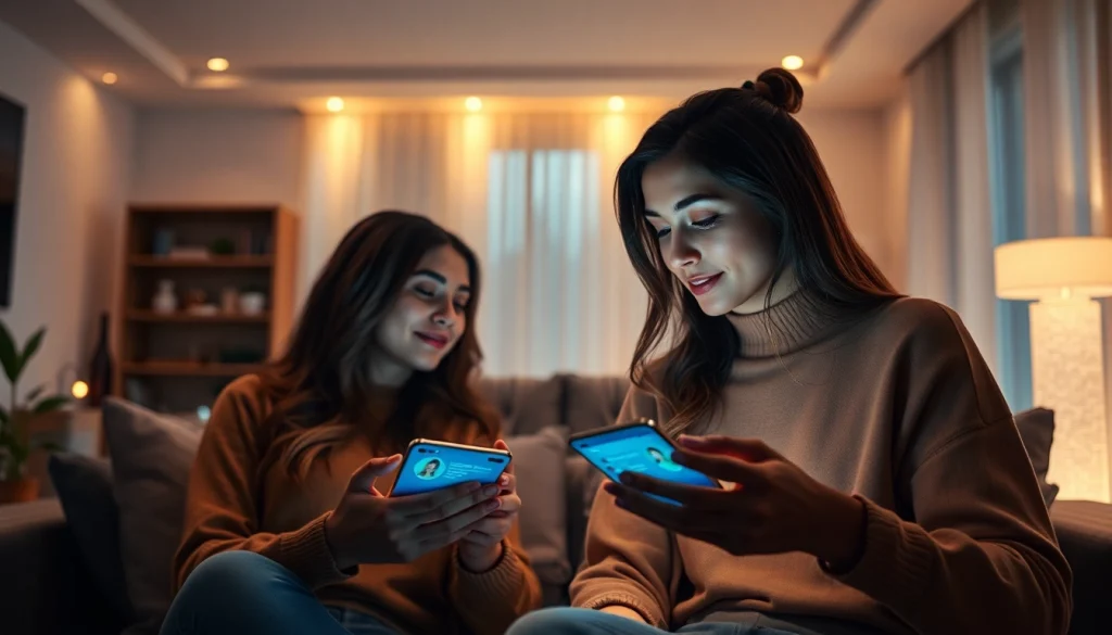 Couple engaging with AI chatbots in a modern living room, exploring the theme of sex ai.