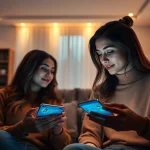 Couple engaging with AI chatbots in a modern living room, exploring the theme of sex ai.