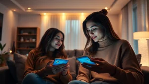 Couple engaging with AI chatbots in a modern living room, exploring the theme of sex ai.