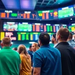 Experience thrilling sports betting in Saskatchewan at a vibrant sportsbook with enthusiastic fans.