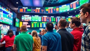 Experience thrilling sports betting in Saskatchewan at a vibrant sportsbook with enthusiastic fans.