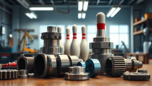 Bowling parts for Brunswick displayed in a modern workshop, highlighting quality and innovation.