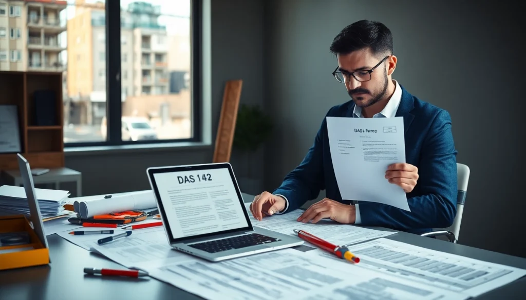Contractor completing the DAS 142 form with construction plans in a busy office environment.