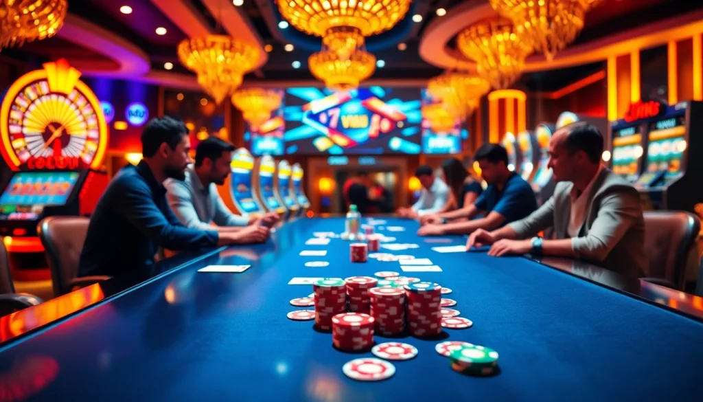 VUA99 players enjoying a thrilling online gaming experience at a luxurious casino.