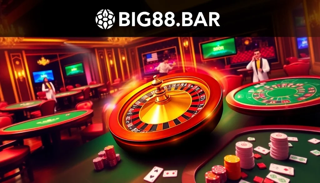 Experience the thrill of gambling at BIG88.BAR with vibrant casino visuals and lively players.