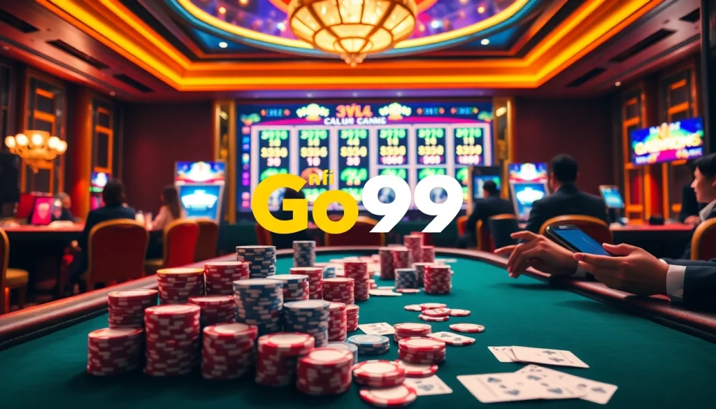 Engaging scene at nhà cái Go99 casino with poker chips, cards, and thrilling gaming atmosphere.
